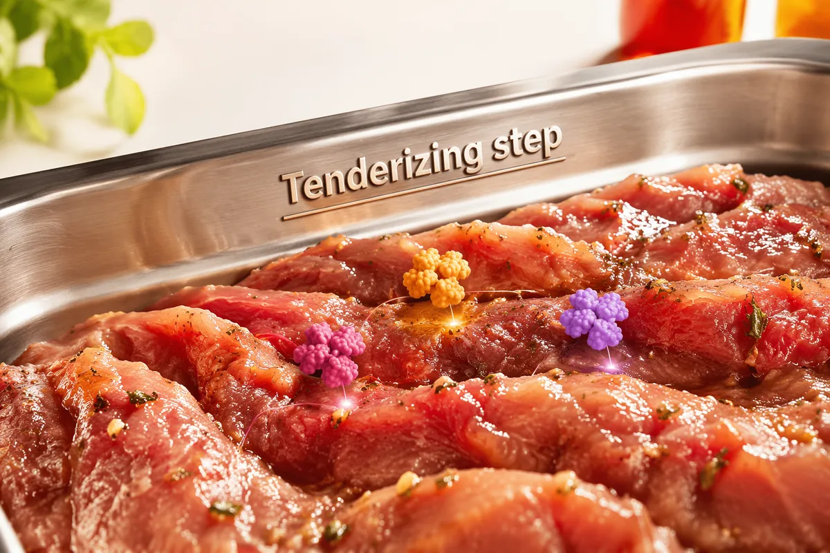 Marinated meat strips in a stainless processing tray during the enzyme tenderizing step